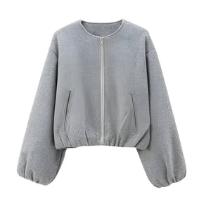 Cropped Dames Bomberjas met Ballonmouwen en Ronde Hals