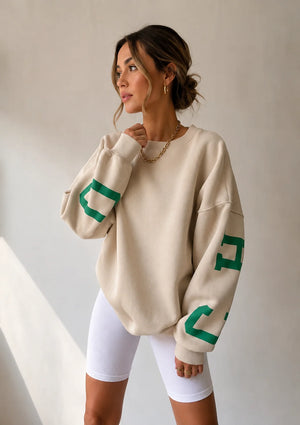 Oversized Dames Sweater met Varsity Print en Ronde Hals