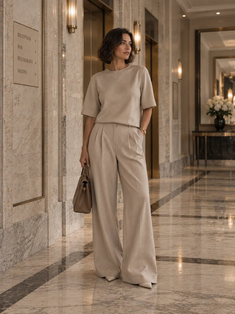 Vrouw in beige tweedelige set in marmeren hotelgang