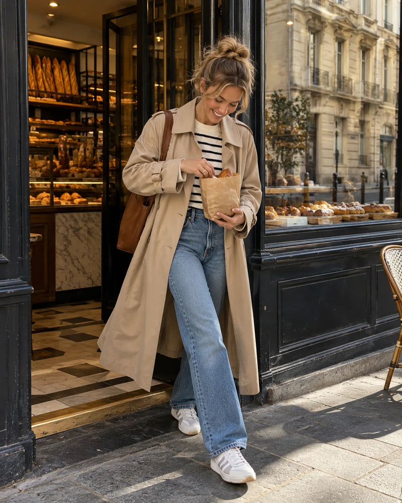 Vrouw in beige trenchcoat loopt lachend een Parijse bakkerij uit