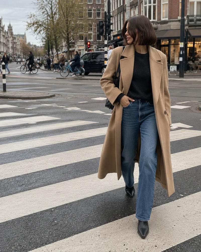 Vrouw in lange camel jas op een zebrapad in Amsterdam