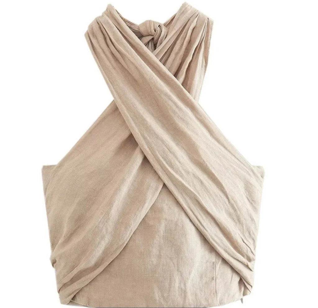 Dames Korte Halter Top – Beige & Zomers – Elvira