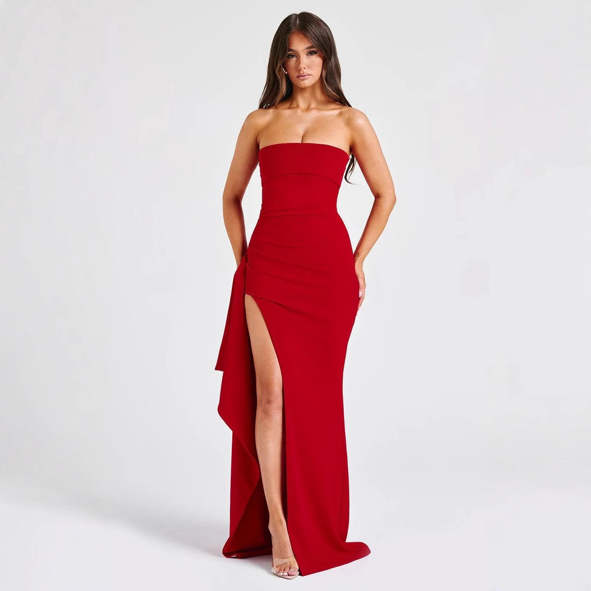 Dames Off-Shoulder Maxi Jurk met Hoge Split – Elegant & Verfijnd – Ayla