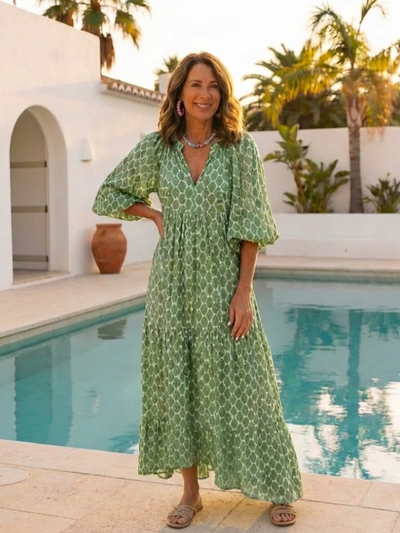 Dames Jurk met Groene Print en Lange Mouwen – Elegant & Vrouwelijk – Xymeraëlle