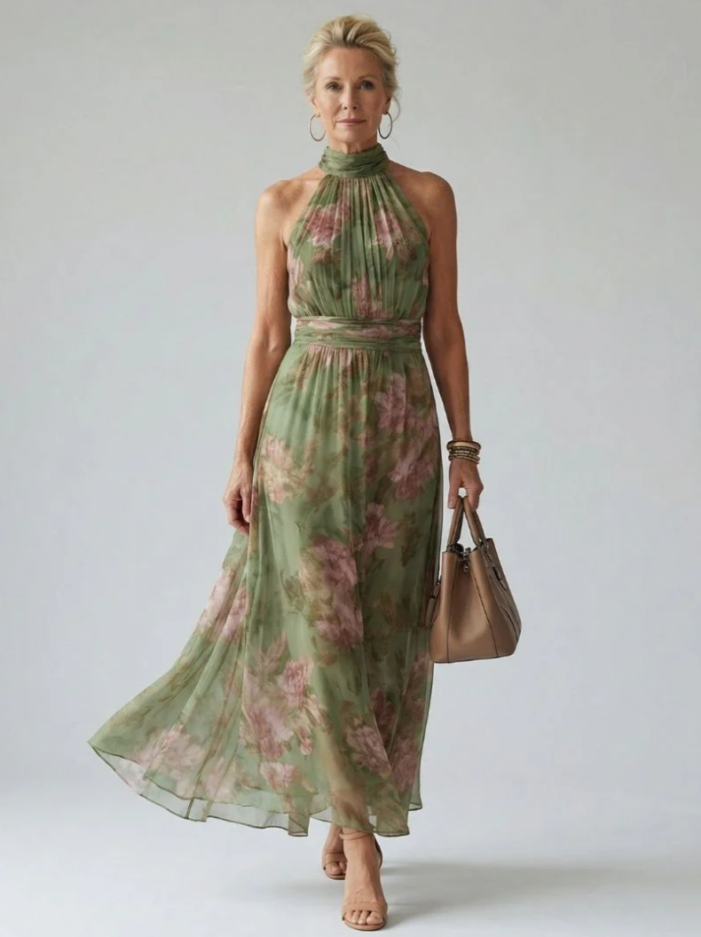 Midi Jurk met Halternek en Geplooid Bovenstuk – Elegant & Vrouwelijk – Eline