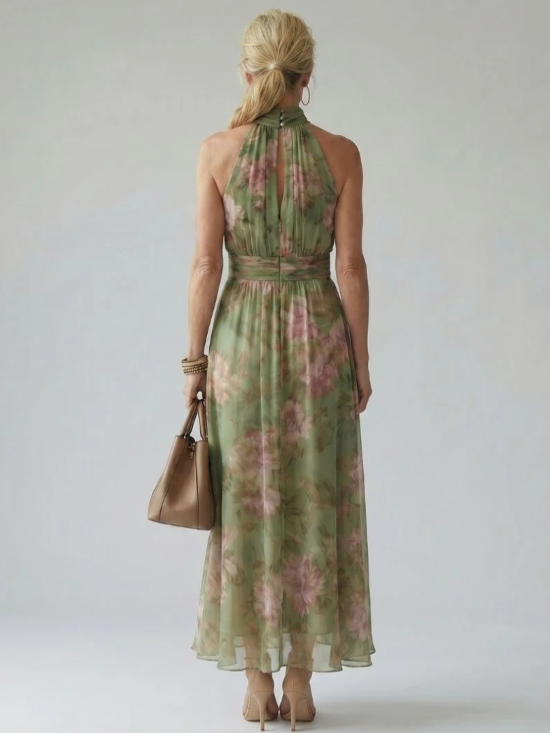 Midi Jurk met Halternek en Geplooid Bovenstuk – Elegant & Vrouwelijk – Eline