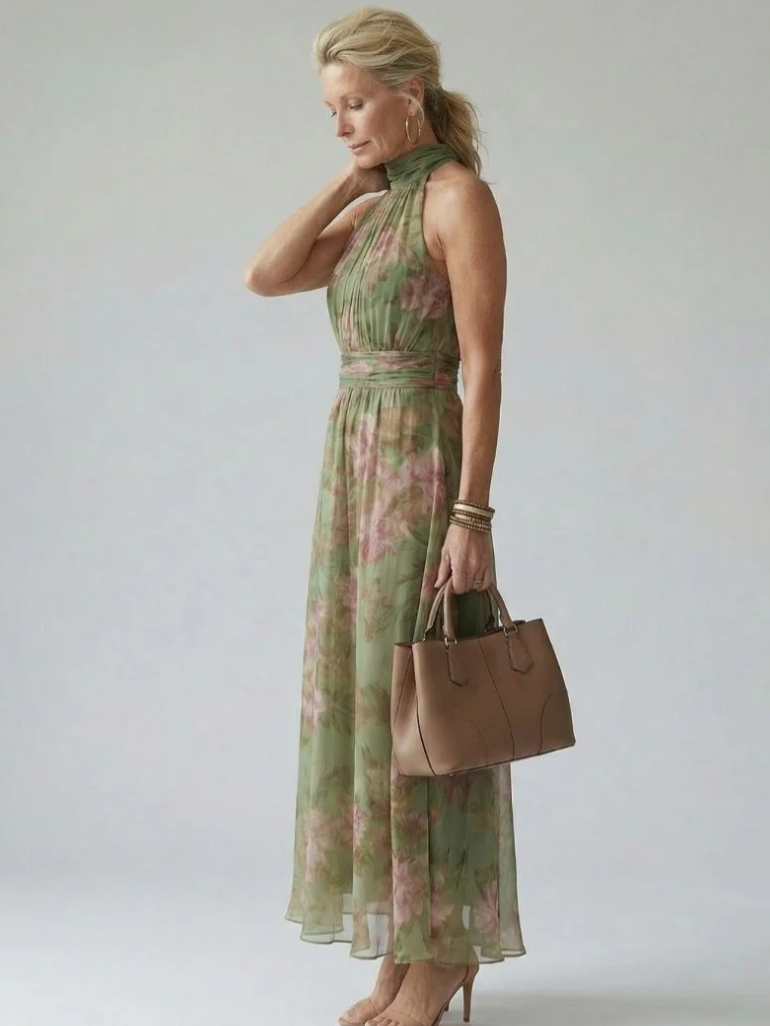 Midi Jurk met Halternek en Geplooid Bovenstuk – Elegant & Vrouwelijk – Eline