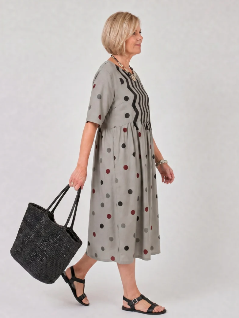 Midi Jurk met Mixed Print, Ronde Hals en Korte Mouwen – Luchtig & Veelzijdig – Mathéa
