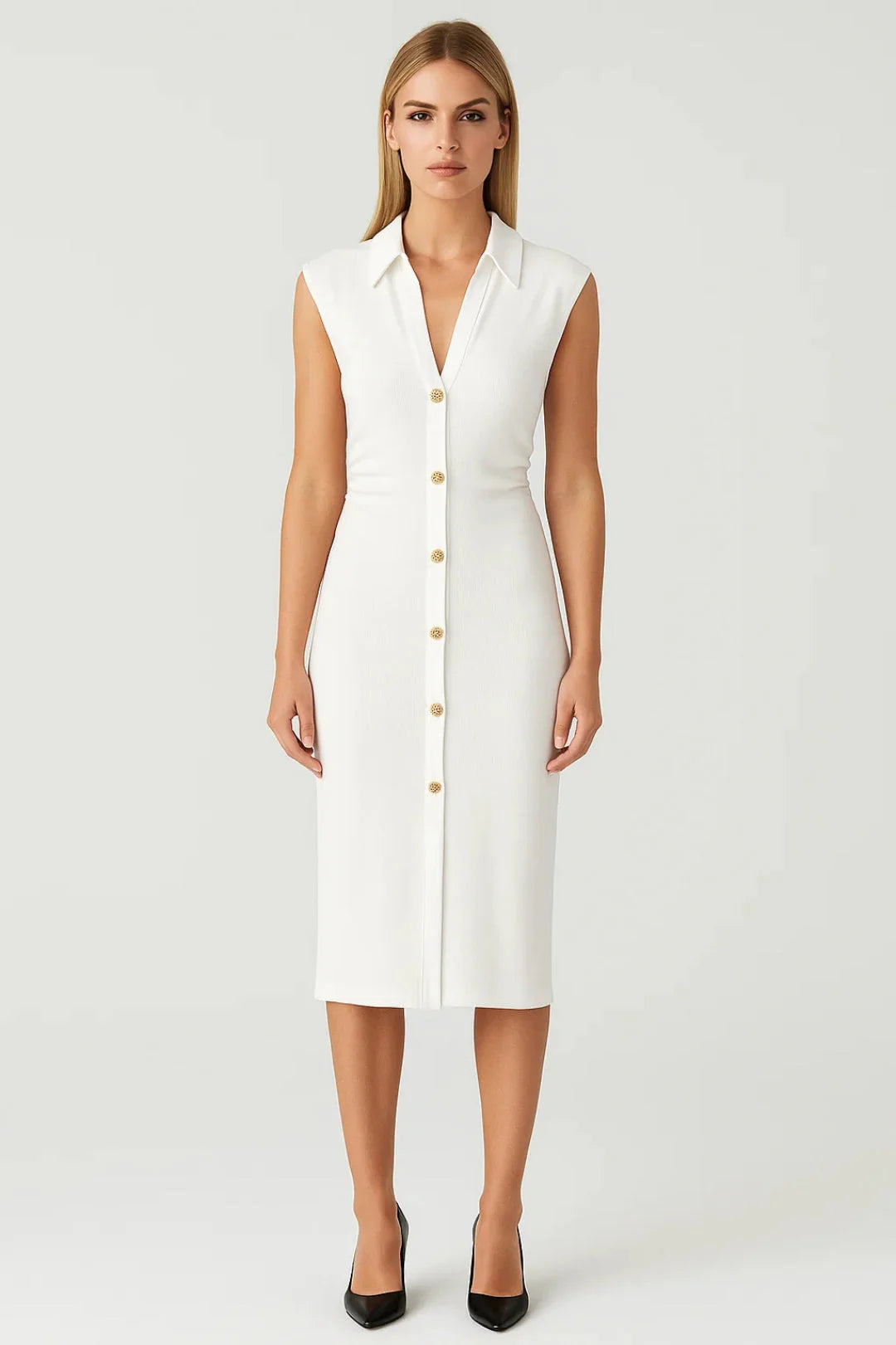Dames Midi Jurk zonder Mouwen met Knopen – Getailleerd & Elegant – Valirenne