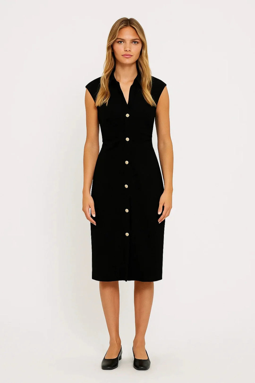 Dames Midi Jurk zonder Mouwen met Knopen – Getailleerd & Elegant – Valirenne
