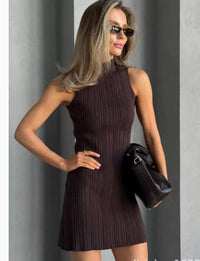 Dames Rib Gebreide Mini Jurk met Hoge Hals – Minimalistisch & Elegant – Virellea