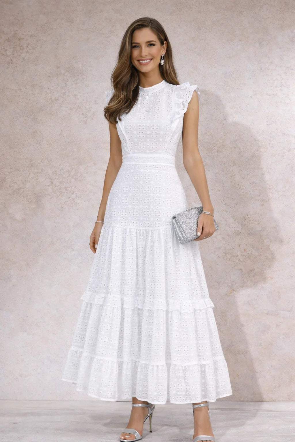 Maxi Jurk met Opstaande Kraag en Lampionmouwen – Elegant & Gelaagd – Adèle