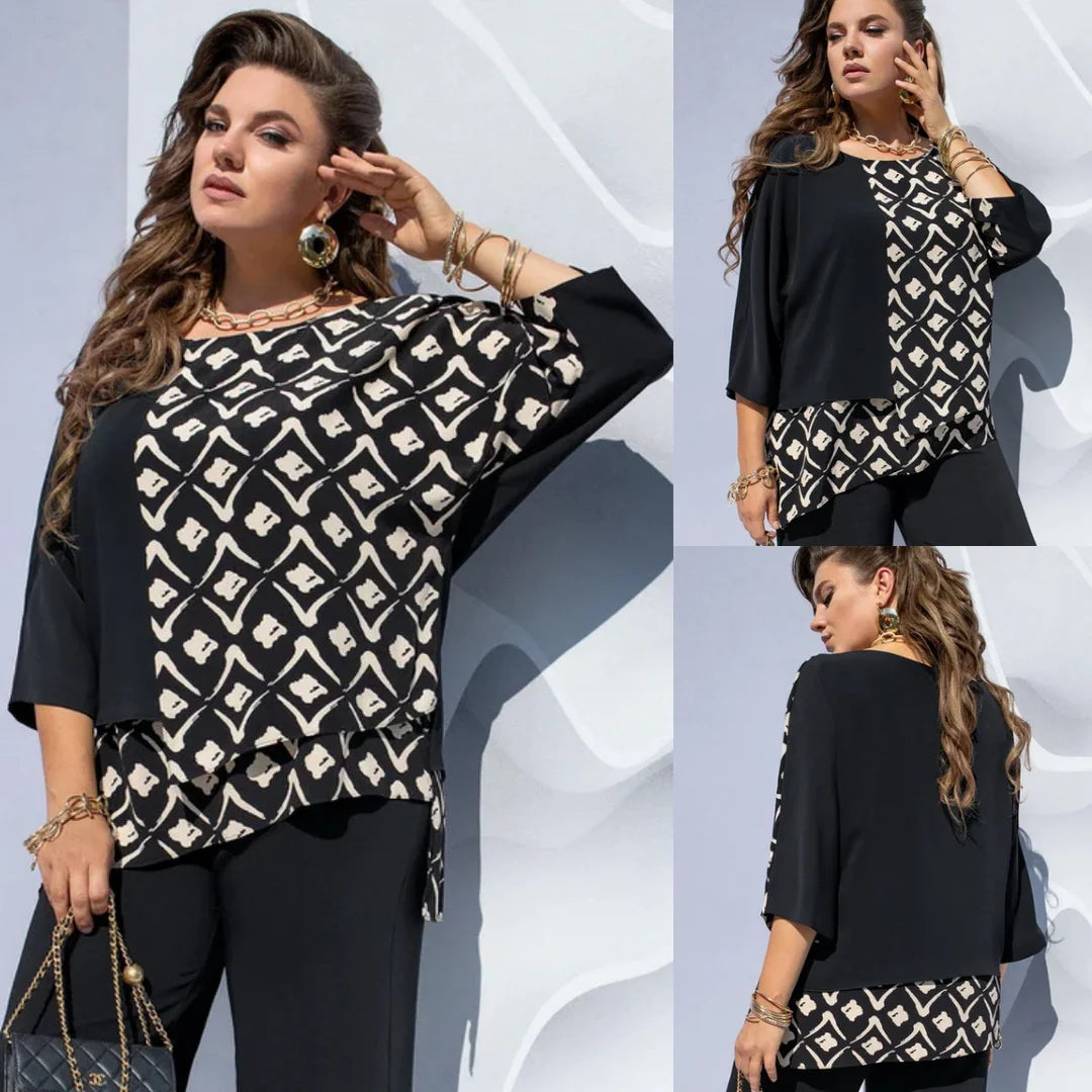 Blouse met Grafische Print, Gelaagde Look en Color Block – Modieus & Flatterend – Albane