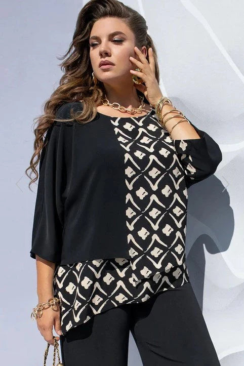Blouse met Grafische Print, Gelaagde Look en Color Block – Modieus & Flatterend – Albane