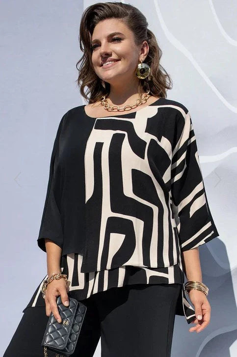 Blouse met Grafische Print, Gelaagde Look en Color Block – Modieus & Flatterend – Albane