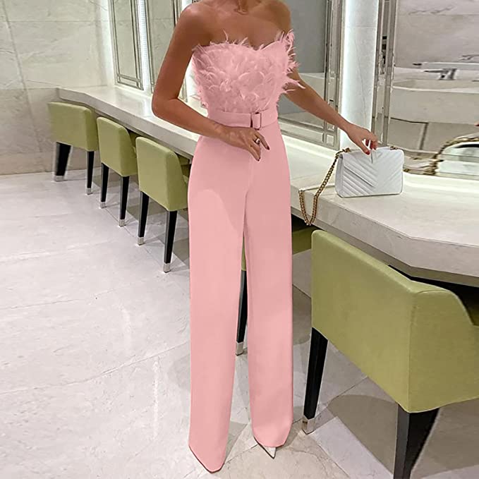 Feestelijke Jumpsuit met Verenaccent, Hoge Taille en Brede Pijpen – Opvallend & Elegant – Aliénor