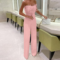 Feestelijke Jumpsuit met Verenaccent, Hoge Taille en Brede Pijpen – Opvallend & Elegant – Aliénor