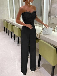 Feestelijke Jumpsuit met Verenaccent, Hoge Taille en Brede Pijpen – Opvallend & Elegant – Aliénor