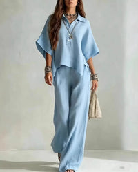 Co-Ord Set met Oversized Blouse en Palazzo Broek in Lichtblauw – Luchtig & Zomers – Alveine