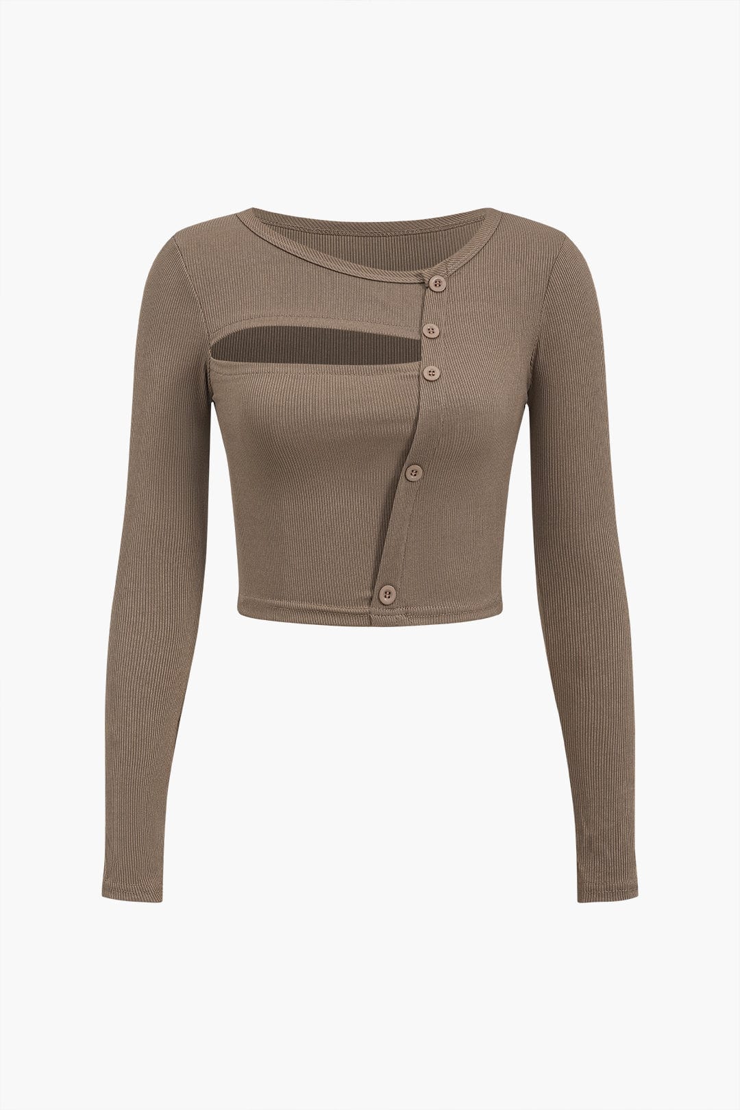 Bruine Asymmetrische Langarmtop met Cut-Out en Knoopdetails – Gedurfd & Vrouwelijk – Ambeline