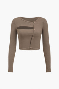 Bruine Asymmetrische Langarmtop met Cut-Out en Knoopdetails – Gedurfd & Vrouwelijk – Ambeline