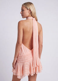 Halter Mini Jurk met Hoge Hals, Geplisseerde Rok en Open Rug – Speels & Zomers – Amaëlle