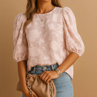 Blouse met Pofmouwen, Bloemenprint en Ronde Hals – Speels & Romantisch – Anna
