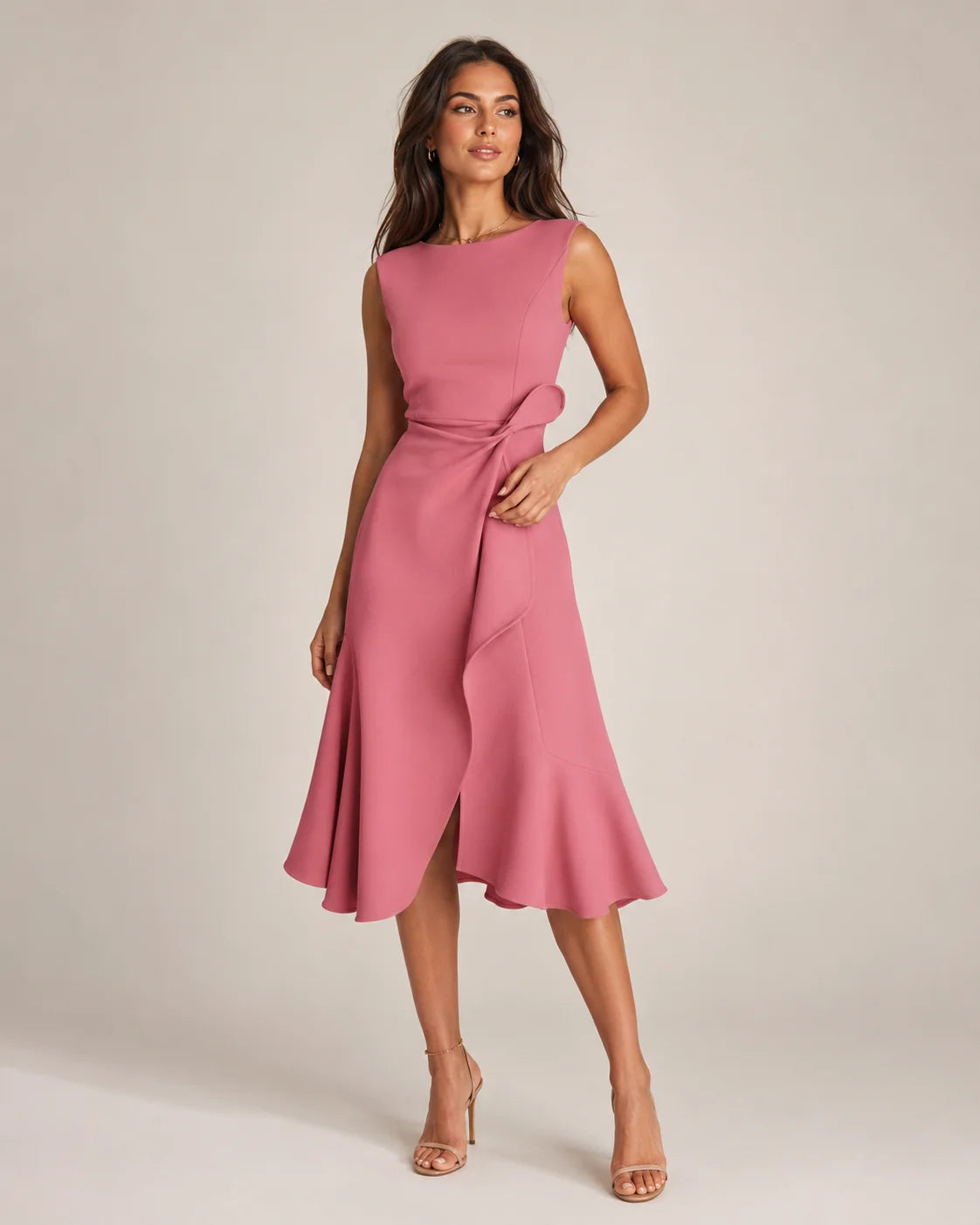 Roze dames midi-jurk zonder mouwen met geknoopt taillepand