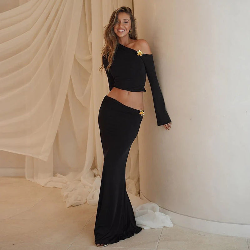 Tweedelige Set met One-Shoulder Top en Moderne Pasvorm – Elegant & Trendy – Aubéline