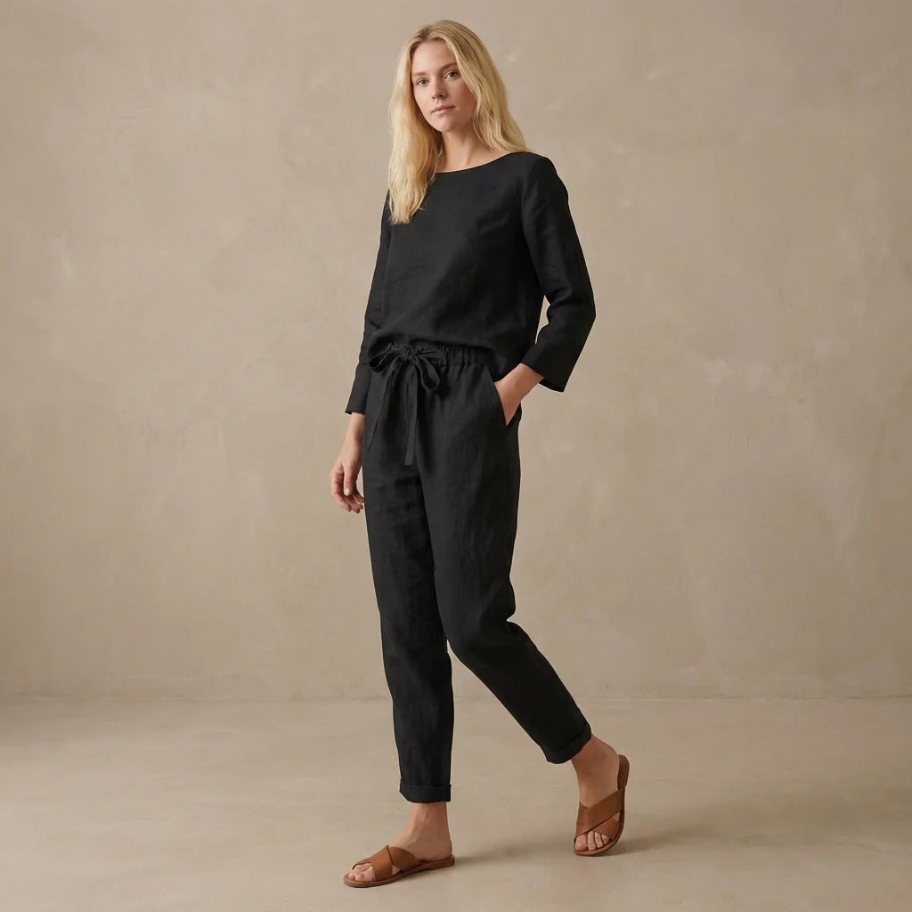 Tweedelige Set met Boothals-blouse en Broek met Trekkoordtaille – Verfijnd & Zomers – Bathilde