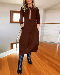 Vintage Maxi Jurk met Lange Mouwen en Zakken – Tijdloos & Veelzijdig – Beatrix