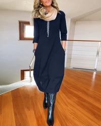 Vintage Maxi Jurk met Lange Mouwen en Zakken – Tijdloos & Veelzijdig – Beatrix