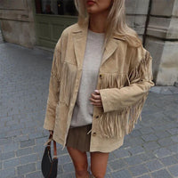 Beige western jas dames met franje en suèdelook