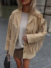 Beige jas met franje en lange mouwen in boho-stijl