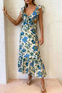 Mouwloze Bloemen Maxi Jurk met V-hals, Ruches en Strikdetail – Zomers & Elegant – Bernadette