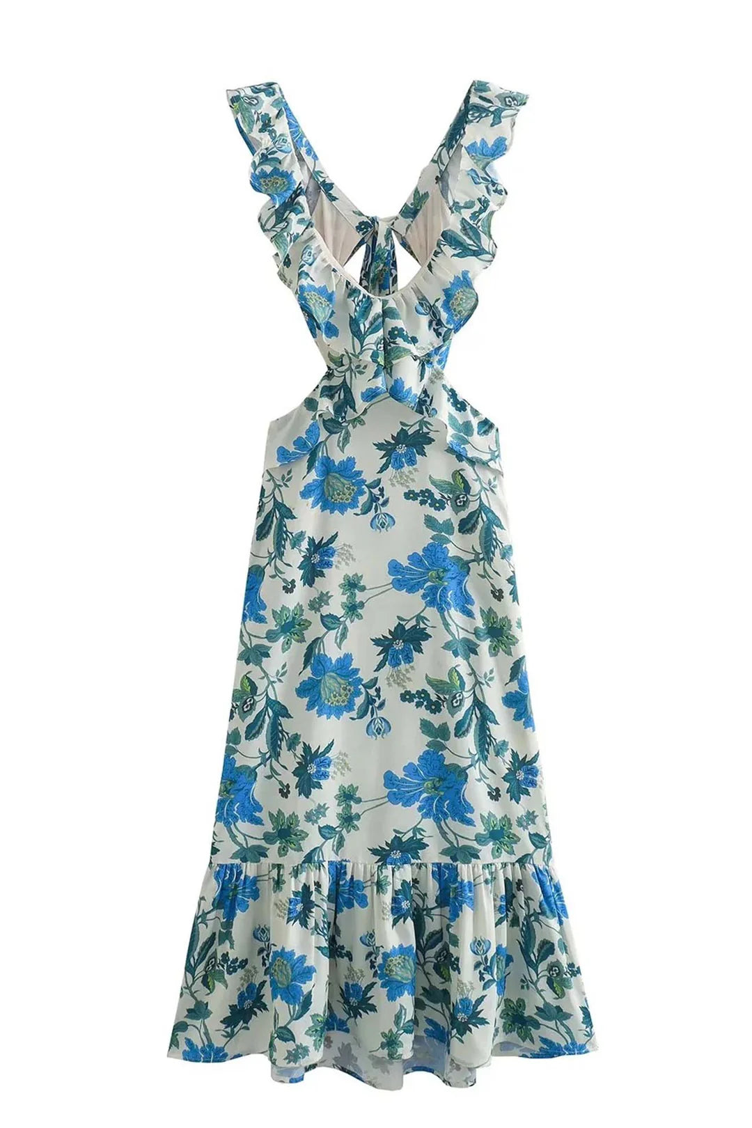 Mouwloze Bloemen Maxi Jurk met V-hals, Ruches en Strikdetail – Zomers & Elegant – Bernadette