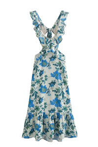Mouwloze Bloemen Maxi Jurk met V-hals, Ruches en Strikdetail – Zomers & Elegant – Bernadette