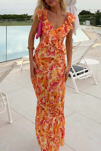 Mouwloze Bloemen Maxi Jurk met V-hals, Ruches en Strikdetail – Zomers & Elegant – Bernadette