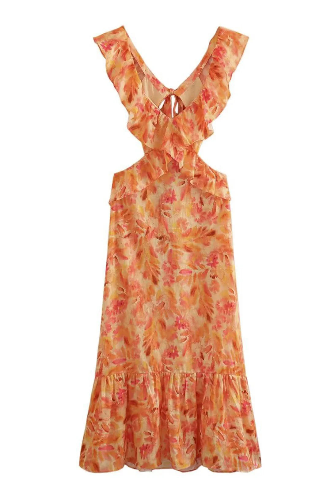 Mouwloze Bloemen Maxi Jurk met V-hals, Ruches en Strikdetail – Zomers & Elegant – Bernadette