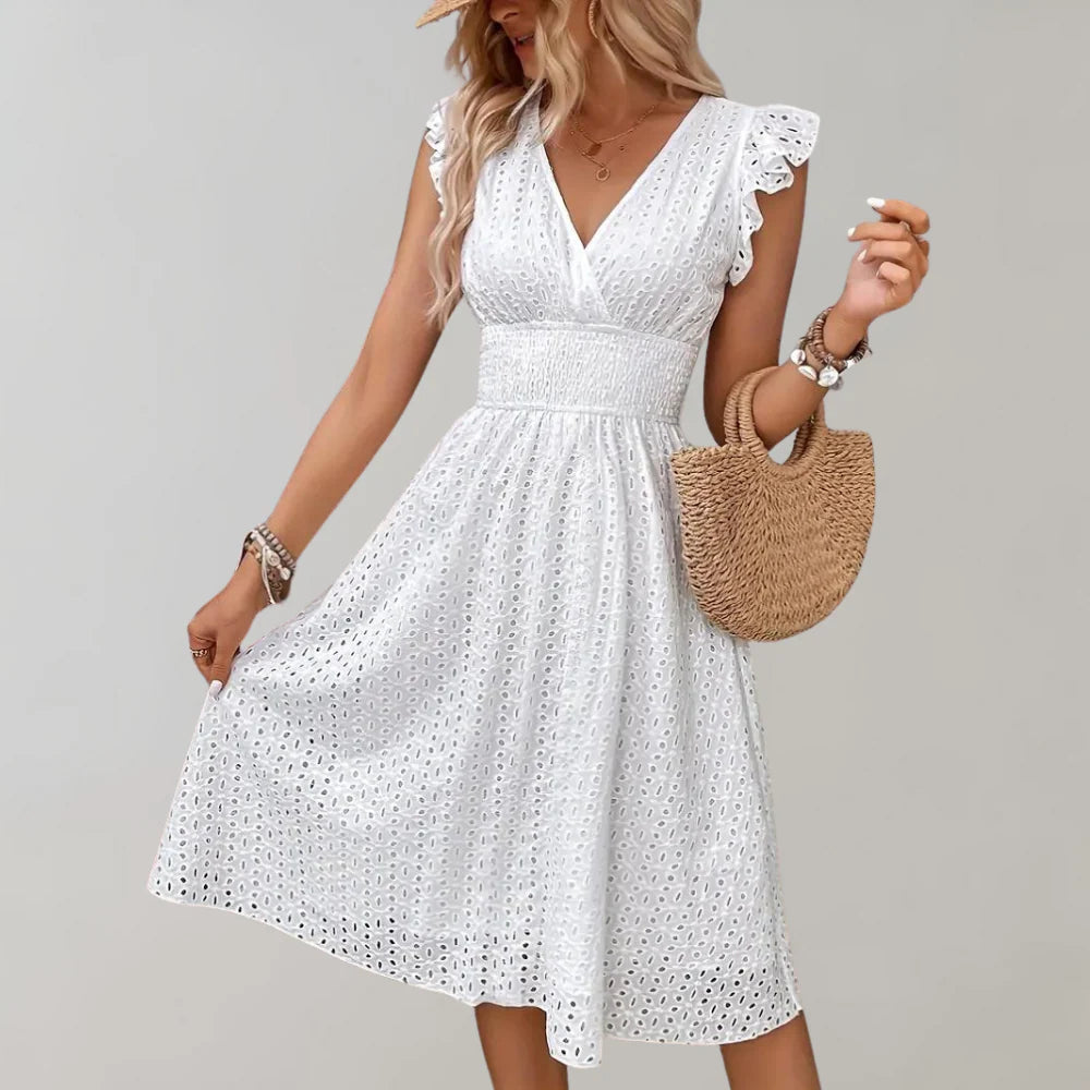 Witte Midi Jurk met Ruches Mouwen en Getailleerde Pasvorm – Fris & Vrouwelijk – Blancheline