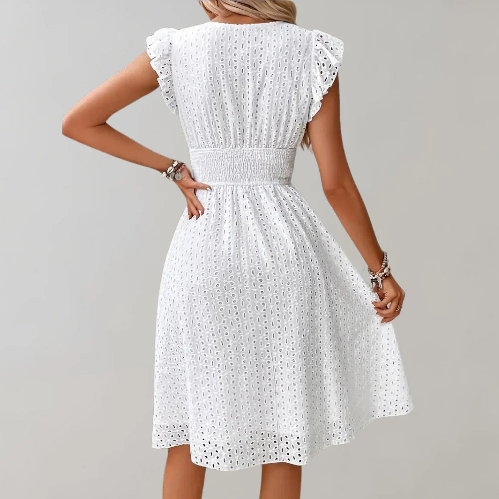 Witte Midi Jurk met Ruches Mouwen en Getailleerde Pasvorm – Fris & Vrouwelijk – Blancheline