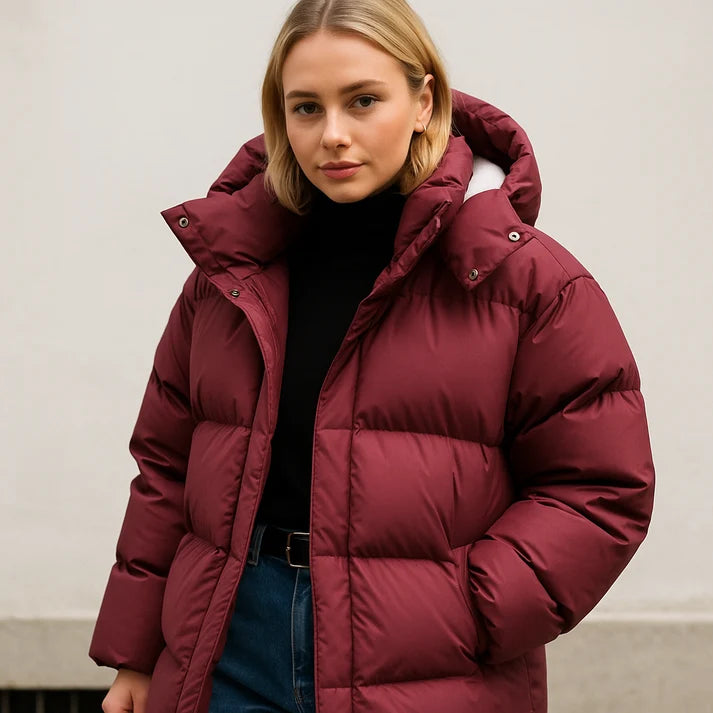 Boxy gewatteerde winterjas voor dames in wijnrood met capuchon en staande kraag