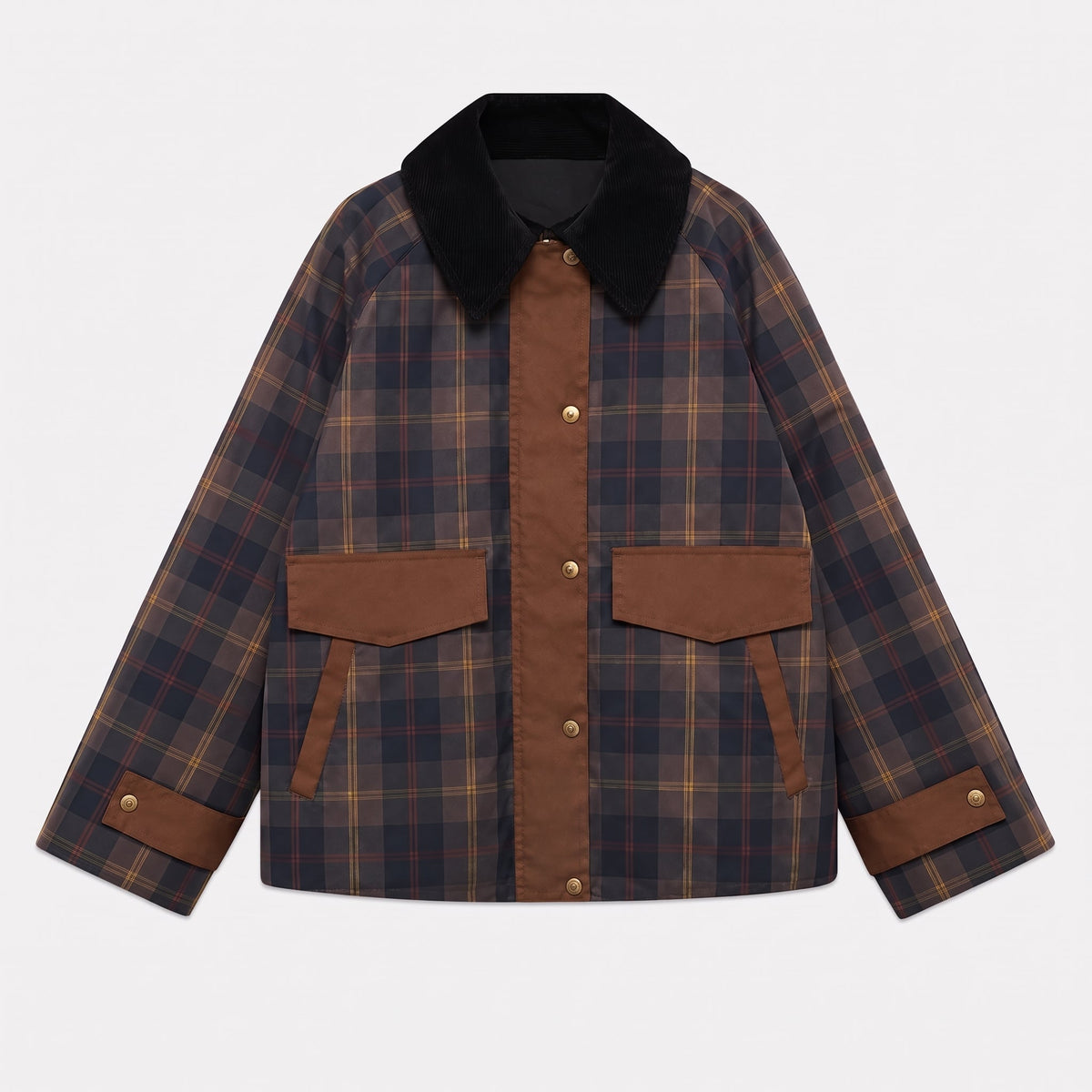 Bruine geruite oversized dames jas met ribfluwelen kraag en raglanmouwen, liggend
