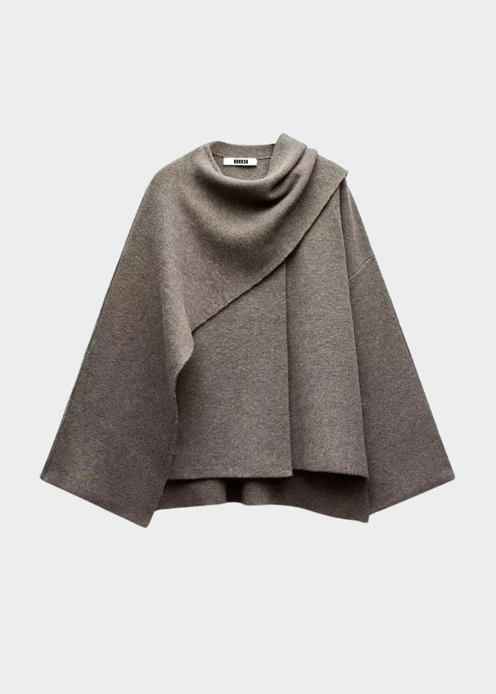 Oversized capejas dames met geïntegreerde sjaal in taupe, productfoto vooraanzicht