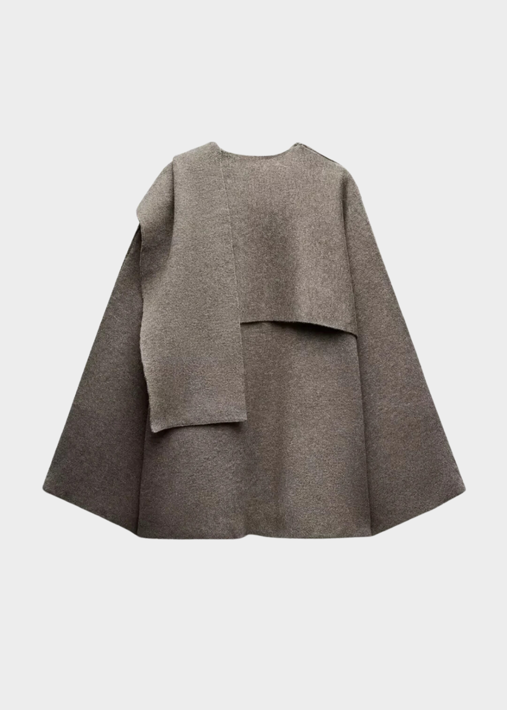 Oversized capejas dames met geïntegreerde sjaal in taupe, productfoto achteraanzicht