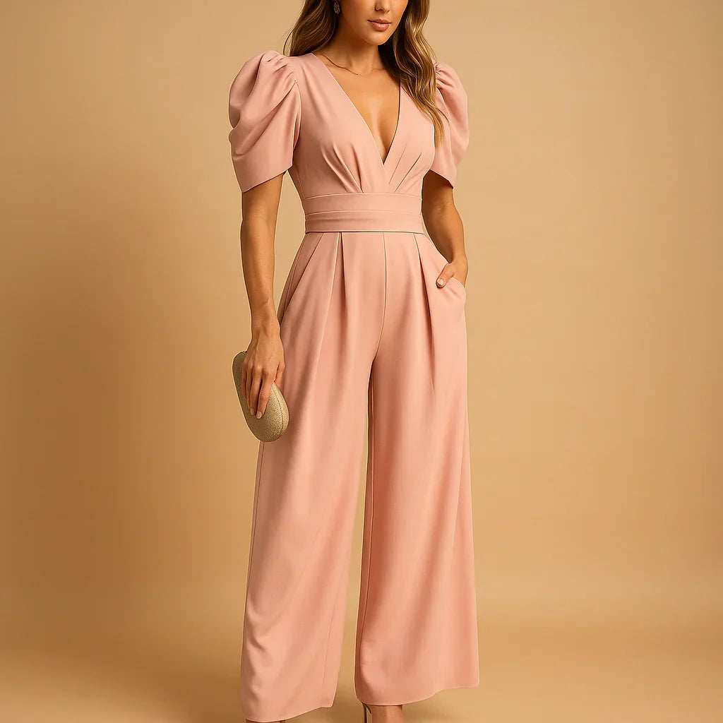 Elegante Jumpsuit met Pofmouwen en Getailleerde Pasvorm – Verfijnd & Formeel – Coralienne