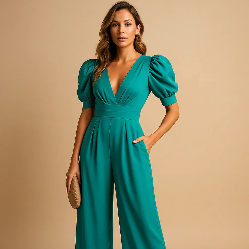 Elegante Jumpsuit met Pofmouwen en Getailleerde Pasvorm – Verfijnd & Formeel – Coralienne