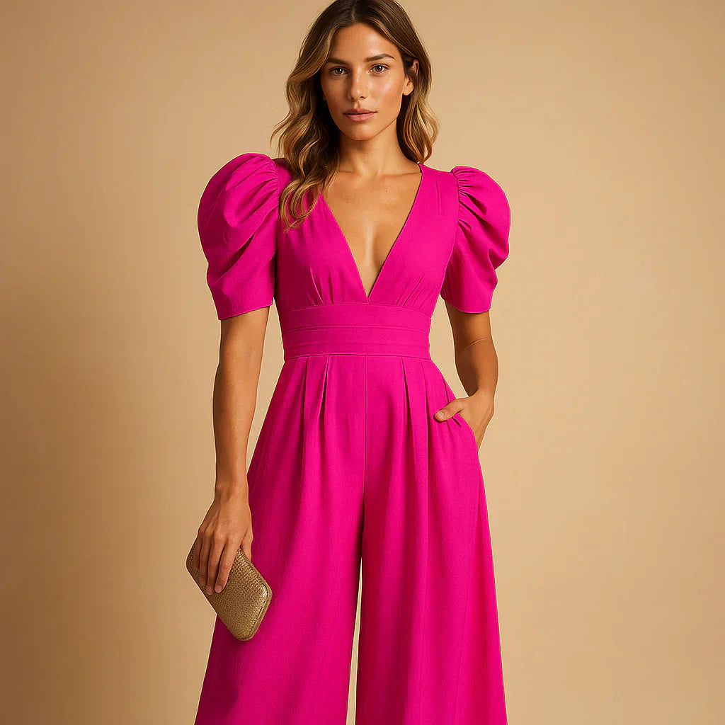 Elegante Jumpsuit met Pofmouwen en Getailleerde Pasvorm – Verfijnd & Formeel – Coralienne