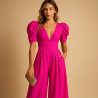 Elegante Jumpsuit met Pofmouwen en Getailleerde Pasvorm – Verfijnd & Formeel – Coralienne