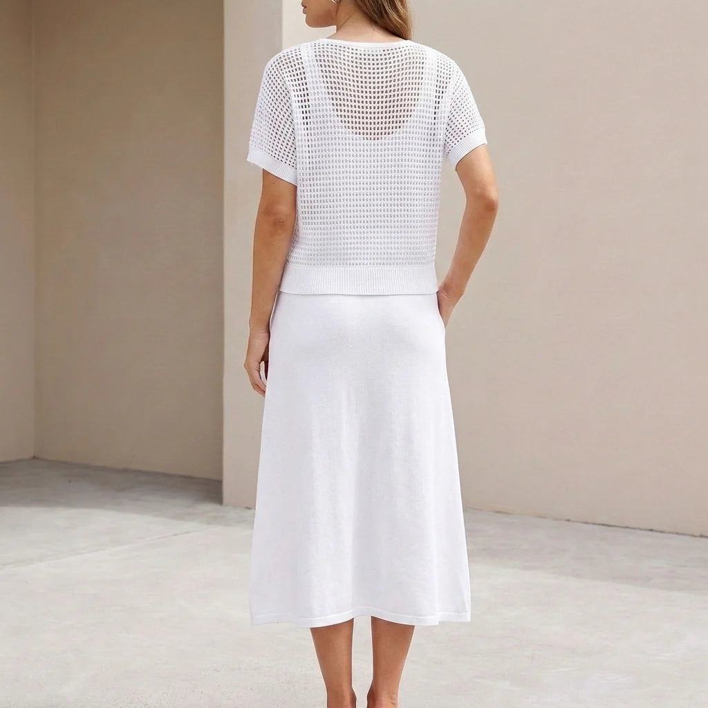 Tweedelige Set met Midi-jurk en Cropped Mesh Top – Verfijnd & Zomers – Cléonelle